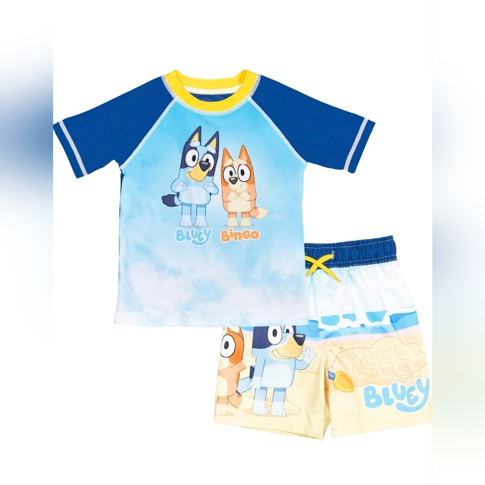 Bluey UPF 50+ Pullover Rash Guard & Swim Trunks Set Boys 5/6 BNWT